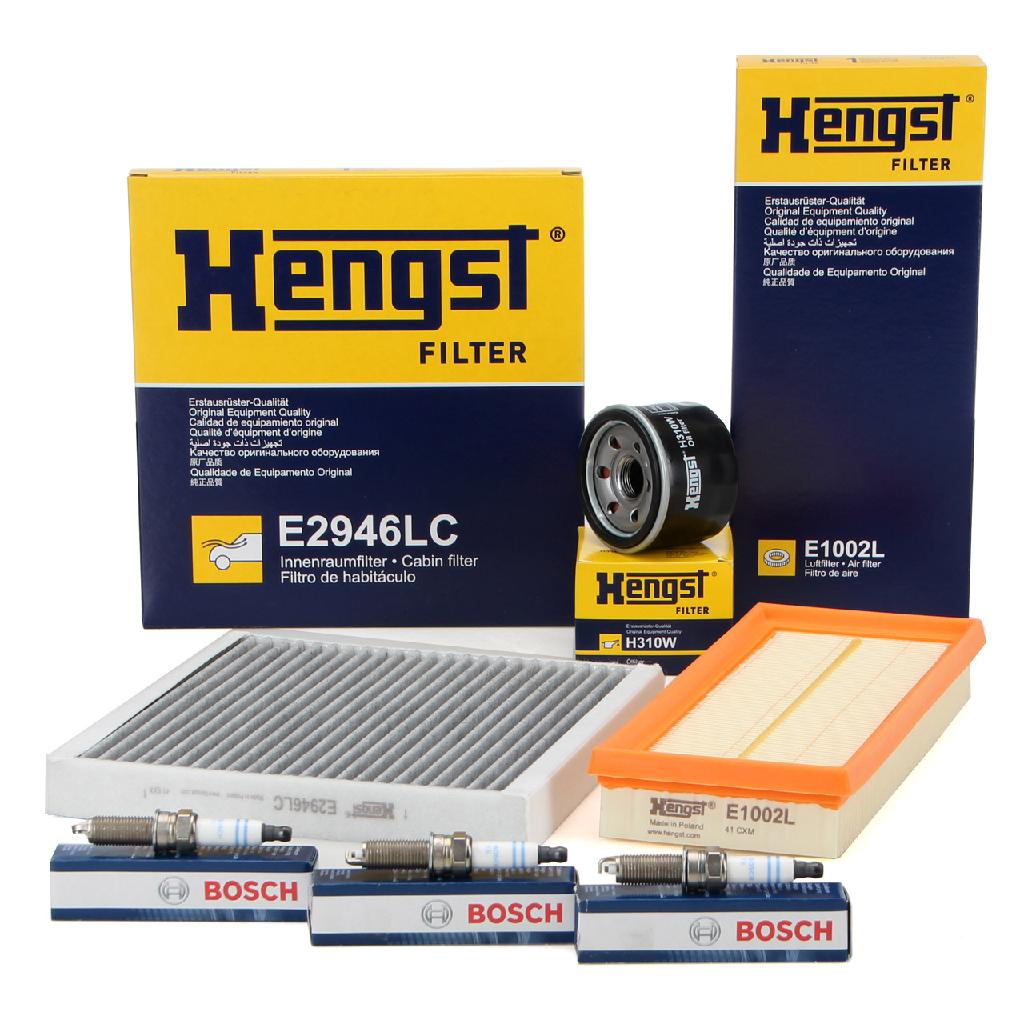 BOSCH Zündkerze 0 242 135 527 HENGST FILTER Luftfilter E1002L + Filter, Innenraumluft E2946LC + Ölfilter H310W