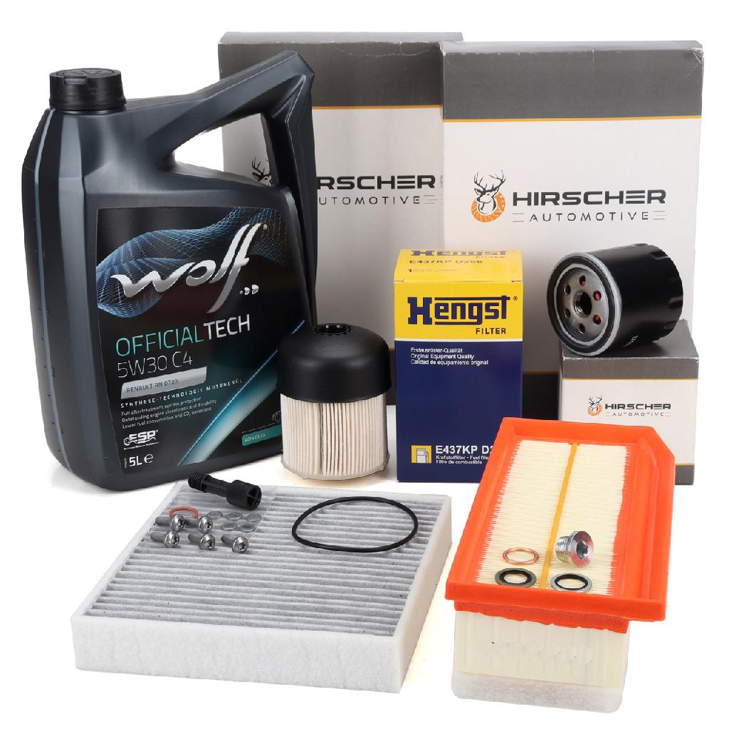HIRSCHER Filterset 4-tlg + 5L WOLF OFFICIALTECH 5W30 C4 RENAULT Captur 1 Clio 4 1.5 dCi