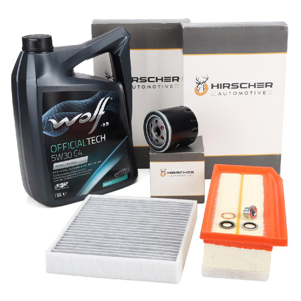 HIRSCHER Filterset 3-tlg + 5L WOLF OFFICIALTECH 5W30 C4 RENAULT Captur 1 Clio 4 1.5 dCi