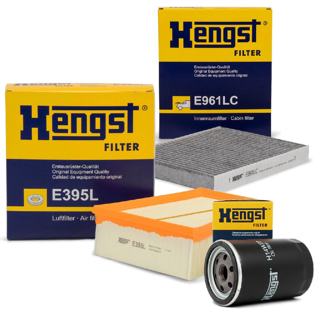 HENGST FILTER Luftfilter E395L + Ölfilter H14W27 + Filter, Innenraumluft E961LC