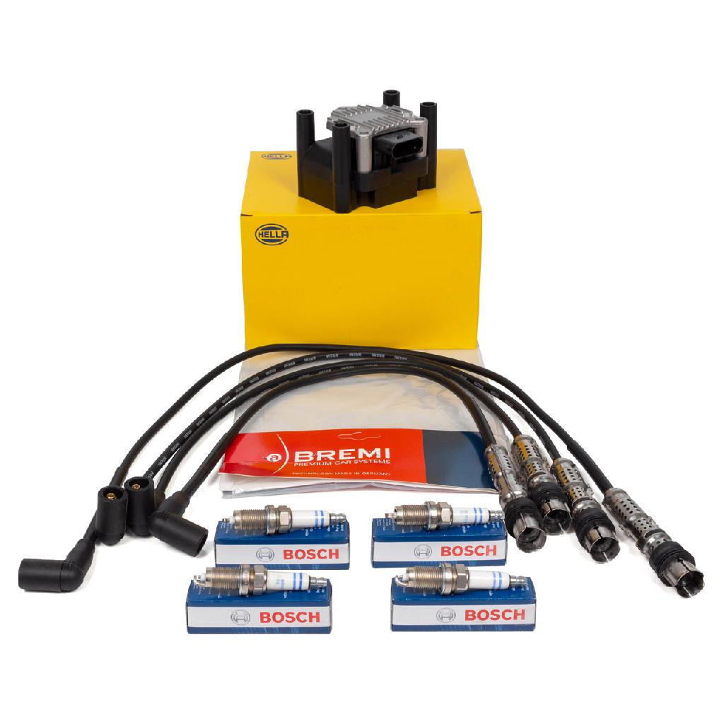 HELLA Zündspule 5DA 358 000-171 BREMI Zündleitungssatz 939C200 BOSCH Zündkerze 0 242 236 565