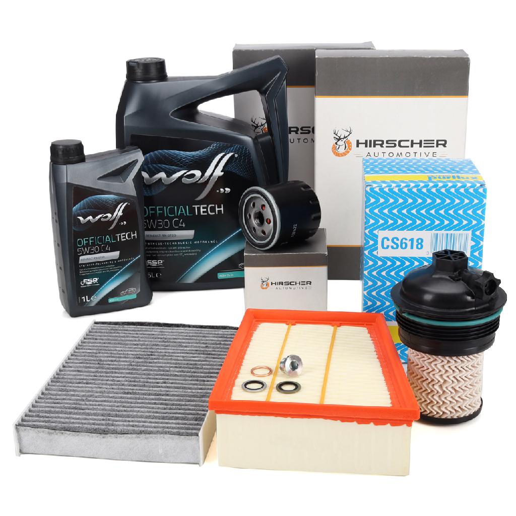HIRSCHER Filterset 4-tlg + 6L WOLF OFFICIALTECH 5W30 C4 RENAULT Megane 4 Scenic 4 1.5 dCi