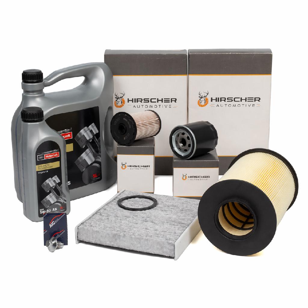 HIRSCHER Filterset 4-tlg + 6L MOTORCRAFT 5W30 Motoröl FORD Focus 2 1.8 TDCi ab 04.2007