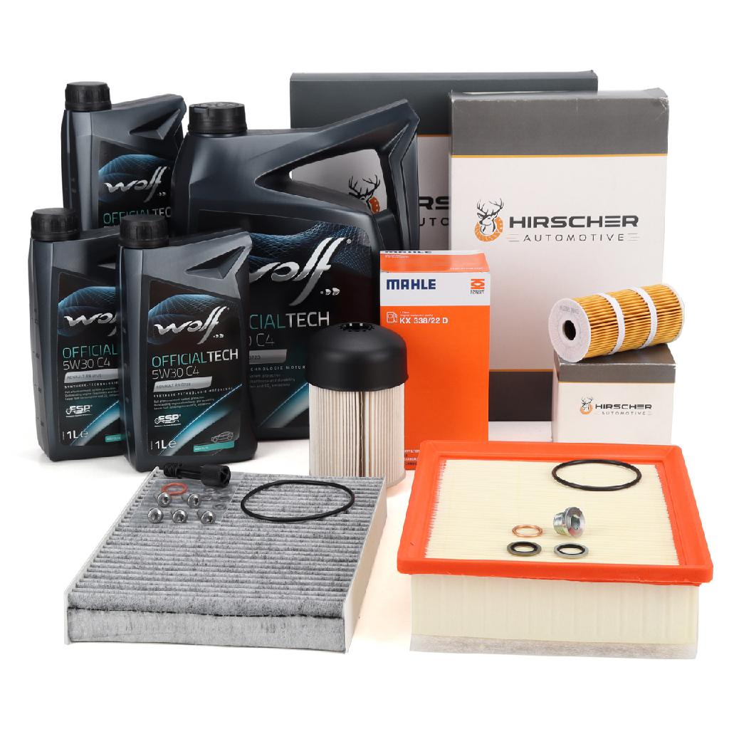 HIRSCHER Filterset 4-tlg + 8L WOLF OFFICIALTECH 5W30 C4 OPEL Vivaro B Trafic 3 1.6 dCi