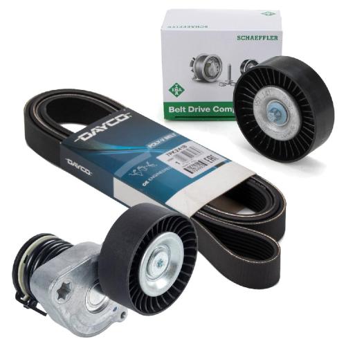 DAYCO Keilrippenriemen + FEBI Riemenspanner + INA Rolle MERCEDES W203 W204 W211 M271 Bild DAYCO Keilrippenriemen + FEBI Riemenspanner + INA Rolle MERCEDES W203 W204 W211 M271