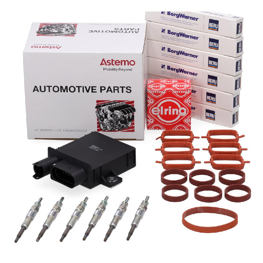 HITACHI Steuergerät Glühzeit + 6x BERU Glühkerze + ELRING Dichtungen BMW M57