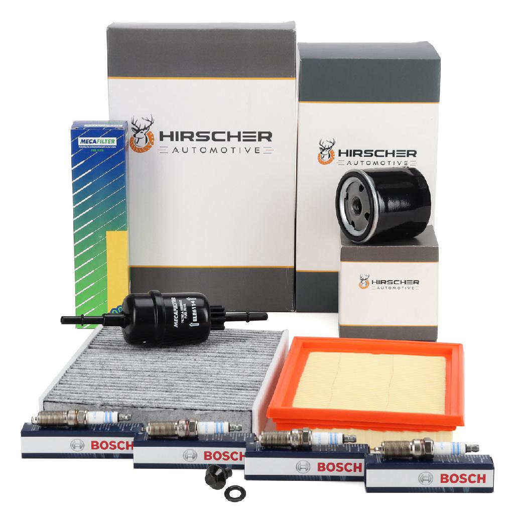 HIRSCHER Filterset 4-tlg + 4x BOSCH Zündkerze FORD Fiesta 5 Fusion JU 1.25/1.4/ 1.6 16V