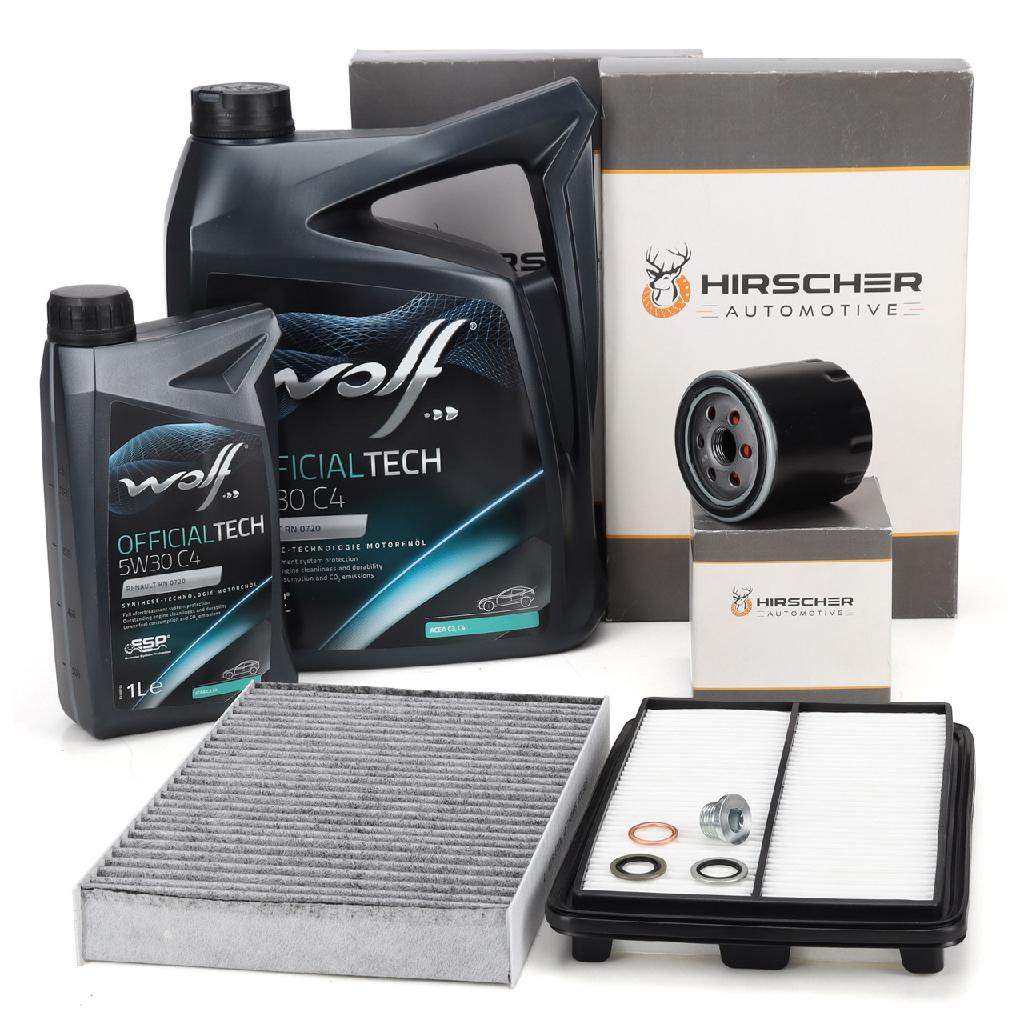 HIRSCHER Filterset 3-tlg + 6L WOLF OFFICIALTECH 5W30 C4 RENAULT Kadjar 1.5 dCi 110 PS