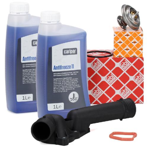 NRF Thermostat + FEBI Thermostatgehäuse + 2L BASF Frostschutz BMW 5er E39 7er E38 M52 Bild NRF Thermostat + FEBI Thermostatgehäuse + 2L BASF Frostschutz BMW 5er E39 7er E38 M52