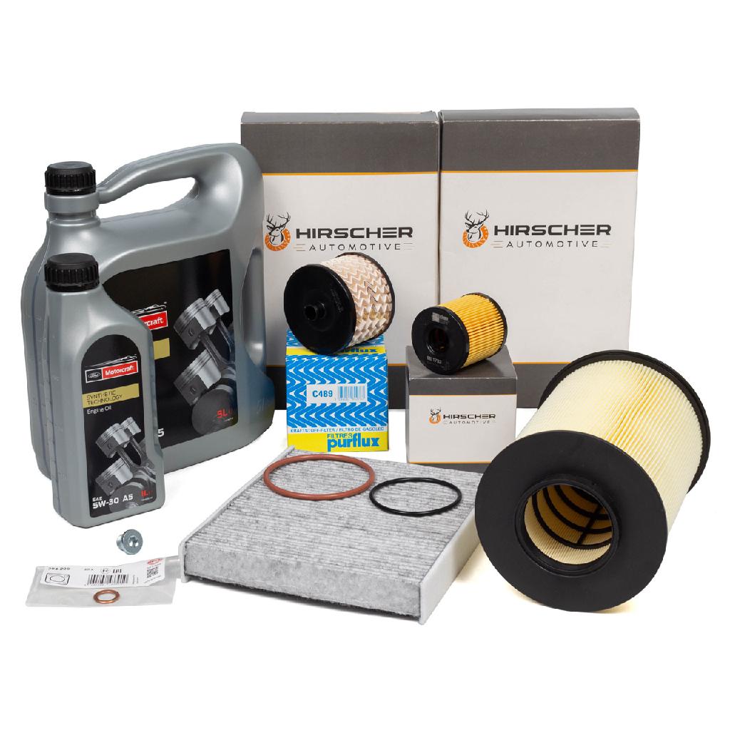 HIRSCHER Filterset 4-tlg + 6L MOTORCRAFT 5W30 Motoröl FORD Focus 2 2.0 TDCi ab 04.2007