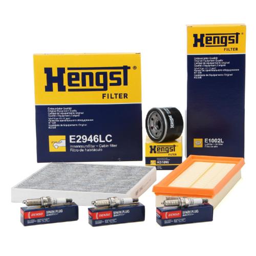 DENSO Zündkerze XU22HDR9 HENGST FILTER Luftfilter E1002L + Filter, Innenraumluft E2946LC + Ölfilter H310W Bild DENSO Zündkerze XU22HDR9 HENGST FILTER Luftfilter E1002L + Filter, Innenraumluft E2946LC + Ölfilter H310W