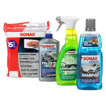 SONAX Poliertuch 04222000 + Lackpolitur 02022000 + Scheibenreiniger 02344000 + Autoshampoo 02153000