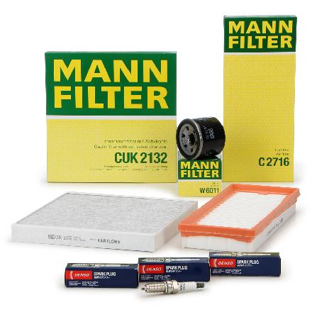 DENSO Zündkerze XU22HDR9 MANN-FILTER Ölfilter W 6011 + Luftfilter C 2716/1 + Filter, Innenraumluft CUK 2132