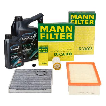 MANN Filterset + 6L WOLF 0W20 LL FE Motoröl VW Golf 7 8 Passat B8 A3 1.8/2.0 TSI/GTI/R