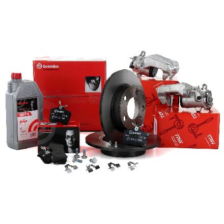 BREMBO Bremsbelagsatz, Scheibenbremse P 85 020 + Bremsflüssigkeit L 04 010 + Bremsscheibe 08.7165.11 TRW Bremssattel BHN275 + Bremssattel BHN276