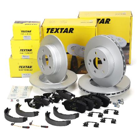 TEXTAR Bremsscheiben Beläge Sensor Backen MERCEDES W204 S204 ohne Sportpaket vorne hinten