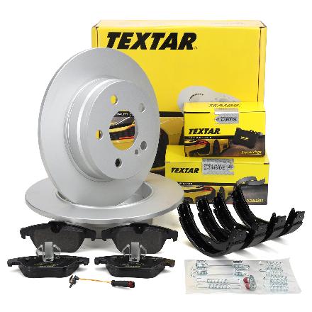 TEXTAR Bremsscheiben + Bremsbeläge + Sensor + Backen MERCEDES W204 S204 C204 hinten