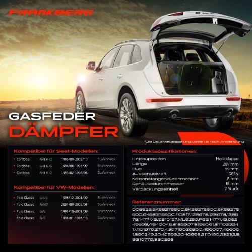 2x Gasfeder Dämpfer Heckklappe VW Polo 6KV2 Seat Cordoba 6K1 6K2 Stufenheck 1993-2002 Bild 2x Gasfeder Dämpfer Heckklappe VW Polo 6KV2 Seat Cordoba 6K1 6K2 Stufenheck 1993-2002