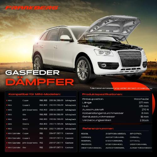 Frankberg 2x Gasfeder Dämpfer Motorhaube für Mini R50 R53 Cooper One Works Schrägheck 2001-2006 Bild Frankberg 2x Gasfeder Dämpfer Motorhaube für Mini R50 R53 Cooper One Works Schrägheck 2001-2006