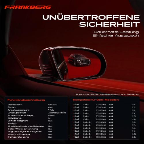 Frankberg 1x Außenspiegel Rechts für Opel Zafira B A05 1.6L 1.7L 1.8L 1.9L 2.0L 2.2L 2005-2008 Bild Frankberg 1x Außenspiegel Rechts für Opel Zafira B A05 1.6L 1.7L 1.8L 1.9L 2.0L 2.2L 2005-2008