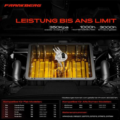 Frankberg 1x Kraftstoffpumpe für Alfa Romeo Mito 955 Fiat Grande Punto 199 Punto Punto Evo 1.2L 1.6L 1.9L Bj ab 2005 Bild Frankberg 1x Kraftstoffpumpe für Alfa Romeo Mito 955 Fiat Grande Punto 199 Punto Punto Evo 1.2L 1.6L 1.9L Bj ab 2005