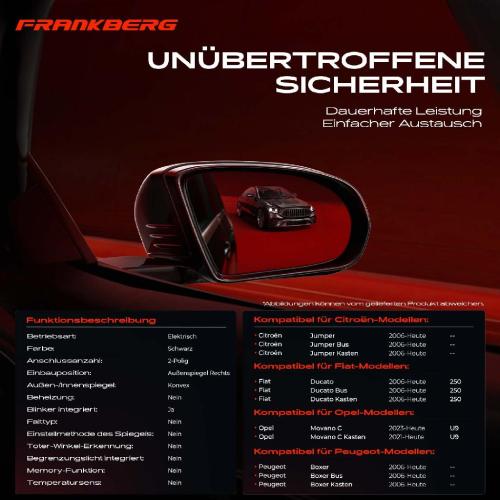 Frankberg 1x Außenspiegel Rechts für Citroën Jumper Fiat Ducato Opel Movano Peugeot 2006-2025 Bild Frankberg 1x Außenspiegel Rechts für Citroën Jumper Fiat Ducato Opel Movano Peugeot 2006-2025