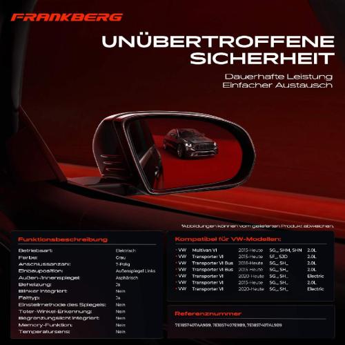 Frankberg 1x Außenspiegel Links für VW Multivan VI Transporter VI SG SH SF SJD 2.0L Bj ab 2015 Bild Frankberg 1x Außenspiegel Links für VW Multivan VI Transporter VI SG SH SF SJD 2.0L Bj ab 2015
