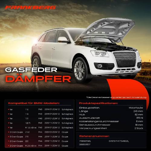 Frankberg 2x Gasfeder Dämpfer Motorhaube für BMW 1er F40 Schrägheck 2 Gran Coupe F44 Bj ab 2019 Bild Frankberg 2x Gasfeder Dämpfer Motorhaube für BMW 1er F40 Schrägheck 2 Gran Coupe F44 Bj ab 2019