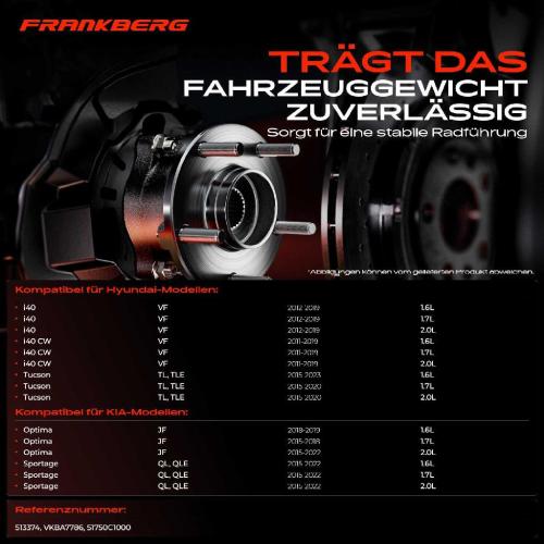 Frankberg 1x Radnabe Radlagersatz Vorderachse beidseitig für Hyundai i40 CW Tucson KIA Optima Sportage 2011-2023 Bild Frankberg 1x Radnabe Radlagersatz Vorderachse beidseitig für Hyundai i40 CW Tucson KIA Optima Sportage 2011-2023