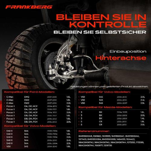 Frankberg 1x Querlenker Satz Hinterachse für Ford C-Max Focus II Stufenheck Mazda 3 5 Volvo S40 V50 1.6L 1.4L 2003-2012 Bild Frankberg 1x Querlenker Satz Hinterachse für Ford C-Max Focus II Stufenheck Mazda 3 5 Volvo S40 V50 1.6L 1.4L 2003-2012