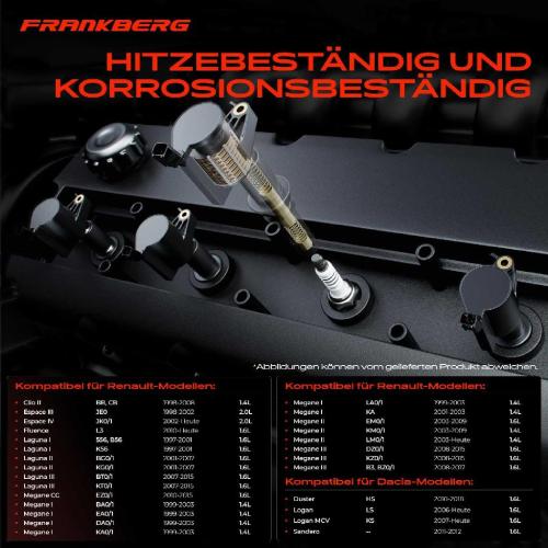 Frankberg 4x Zündspule Zündkerze für Dacia Duster Logan MCV Sandero Renault Avantime Clio II Kasten/Schrägheck Bild Frankberg 4x Zündspule Zündkerze für Dacia Duster Logan MCV Sandero Renault Avantime Clio II Kasten/Schrägheck