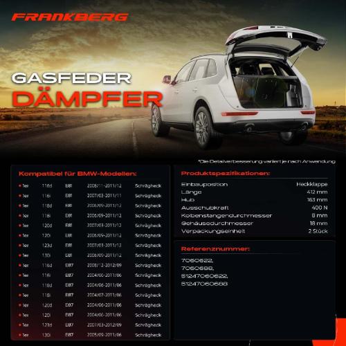 Frankberg 2x Gasfeder D mpfer Heckklappe BMW 1er E81 E87 Schr gheck 2004-2012 Bild Frankberg 2x Gasfeder D mpfer Heckklappe BMW 1er E81 E87 Schr gheck 2004-2012