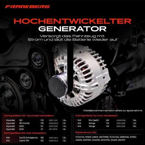 Frankberg 1x Lichtmaschine Generator für Hyundai i30 FD iX20 JC KIA Cee'D ED Venga YN Bild Frankberg 1x Lichtmaschine Generator für Hyundai i30 FD iX20 JC KIA Cee'D ED Venga YN