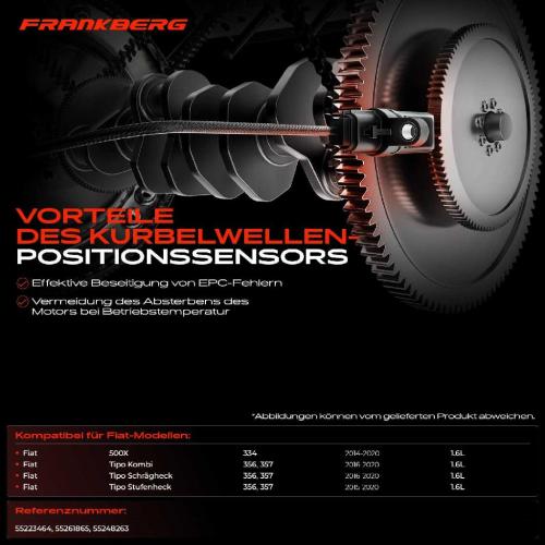 Frankberg 1x Kurbelwellensensor Impulsgeber für Fiat 500X 334 Tipo Kombi Schrägheck 356 1.6L 2014-2020 Bild Frankberg 1x Kurbelwellensensor Impulsgeber für Fiat 500X 334 Tipo Kombi Schrägheck 356 1.6L 2014-2020