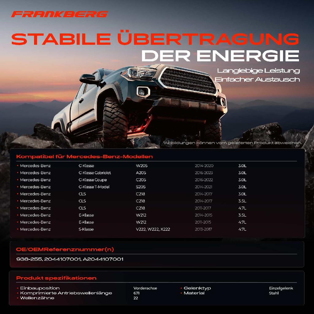 1x Kardanwelle Gelenkwelle Vorderachse für Mercedes-Benz W205 A205 C205 S205 C218 W212 S212 V222 W222 X222