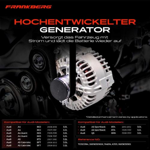 Frankberg 1x Lichtmaschine Generator für Audi A4 8K2 8K5 A5 8T 8F7 Q5 8RB 3.2FSI S4 S5 Bild Frankberg 1x Lichtmaschine Generator für Audi A4 8K2 8K5 A5 8T 8F7 Q5 8RB 3.2FSI S4 S5