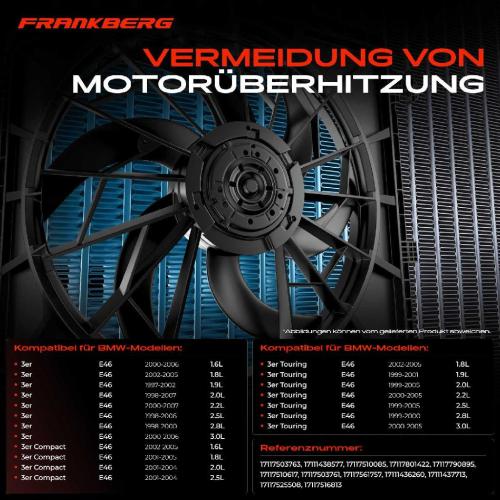 Frankberg 1x Motorkühller Einfachlüfter mit Kühlerlüfterrahmen BMW 3er Cabriolet Coupe Compact Touring E46 Bild Frankberg 1x Motorkühller Einfachlüfter mit Kühlerlüfterrahmen BMW 3er Cabriolet Coupe Compact Touring E46
