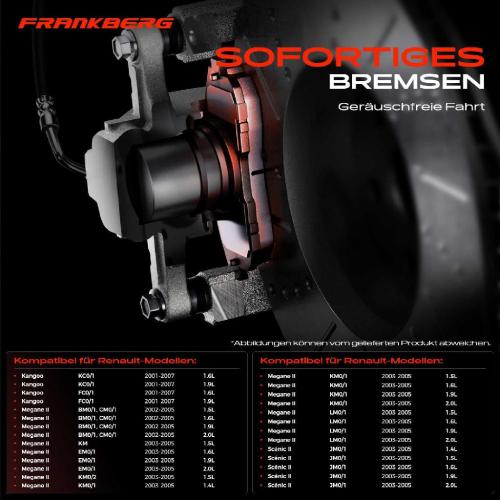 Frankberg 4x Bremsbeläge Vorderachse für Renault Grand Scénic II Kangoo Express Megane 1.5L 1.6L 2001-2007 Bild Frankberg 4x Bremsbeläge Vorderachse für Renault Grand Scénic II Kangoo Express Megane 1.5L 1.6L 2001-2007