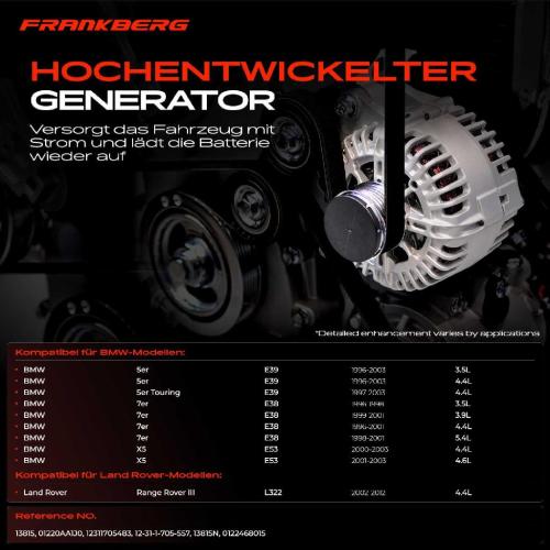 Frankberg 1x Lichtmaschine Generator für BWM 5er E39 7er X5 Land Rover Range Rover III Bild Frankberg 1x Lichtmaschine Generator für BWM 5er E39 7er X5 Land Rover Range Rover III