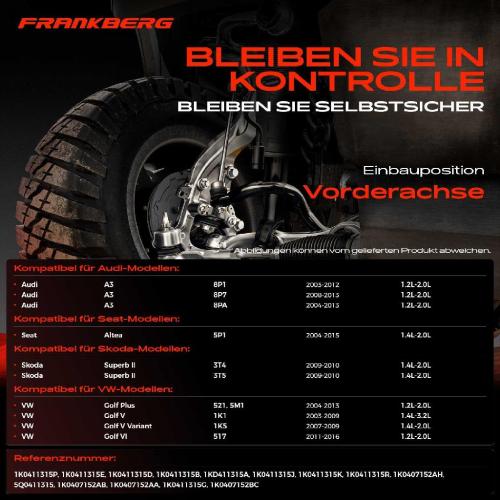 Frankberg 1x Querlenker Satz Vorderachse für VW Caddy MPV Kasten/MPV EOS Golf Plus V Variant VI Jetta Scirocco Touran Bild Frankberg 1x Querlenker Satz Vorderachse für VW Caddy MPV Kasten/MPV EOS Golf Plus V Variant VI Jetta Scirocco Touran