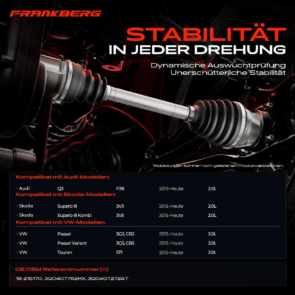 1x Antriebswelle Vorderachse Rechts für VW Passat Touran Skoda Superb III Audi Q3 2.0L