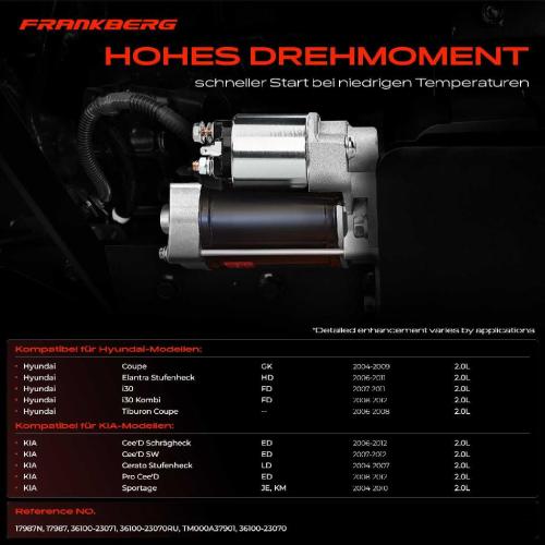 Frankberg 1x Anlasser Starter für Hyundai Coupe Elantra Stufenheck i30 Kombi Tiburon KIA Cee'D Schrägheck Bild Frankberg 1x Anlasser Starter für Hyundai Coupe Elantra Stufenheck i30 Kombi Tiburon KIA Cee'D Schrägheck