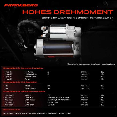 Frankberg 1x Anlasser Starter für Hyundai H-1 Kasten H-1/Starex Bus Porter Pritsche/Fahrgestell KIA Mitsubishi Bild Frankberg 1x Anlasser Starter für Hyundai H-1 Kasten H-1/Starex Bus Porter Pritsche/Fahrgestell KIA Mitsubishi