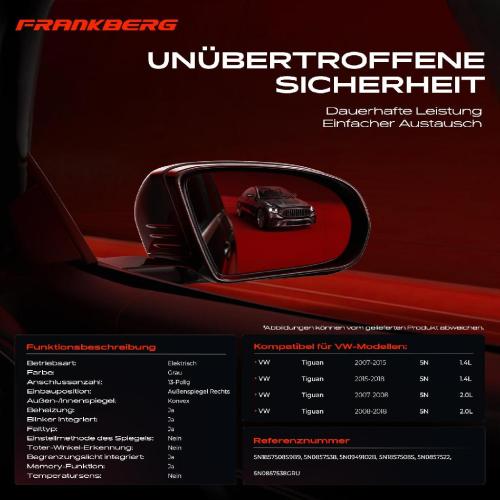Frankberg 1x Außenspiegel Rechts für VW Tiguan 5N 1.4L 2.0L 2007-2018 Bild Frankberg 1x Außenspiegel Rechts für VW Tiguan 5N 1.4L 2.0L 2007-2018