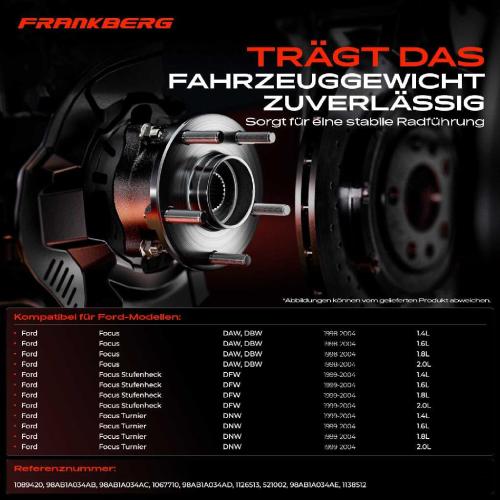 Frankberg 1x Radnabe Radlagersatz Hinterachse beidseitig für Ford Focus Stufenheck Turnier 1.4L 1.6L 1.8L 2.0L 1998-2004 Bild Frankberg 1x Radnabe Radlagersatz Hinterachse beidseitig für Ford Focus Stufenheck Turnier 1.4L 1.6L 1.8L 2.0L 1998-2004