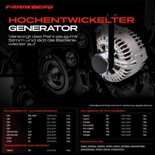 Frankberg 1x Lichtmaschine Generator für Hyundai i30 GD iX20 JC KIA Cee'D JD Venga YN Bild Frankberg 1x Lichtmaschine Generator für Hyundai i30 GD iX20 JC KIA Cee'D JD Venga YN