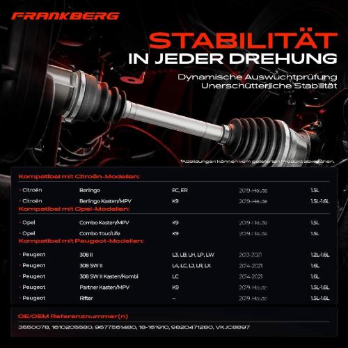 Frankberg 1x Antriebswelle Vorderachse Links für Opel Combo Tour/Life Peugeot Rifter Citroën Berlingo Toyota Bild Frankberg 1x Antriebswelle Vorderachse Links für Opel Combo Tour/Life Peugeot Rifter Citroën Berlingo Toyota