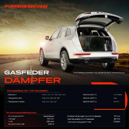 Frankberg 2x Gasfeder Dämpfer Heckklappe für VW Transporter V 7H 7E Bus Kasten 2003-2017 Bild Frankberg 2x Gasfeder Dämpfer Heckklappe für VW Transporter V 7H 7E Bus Kasten 2003-2017