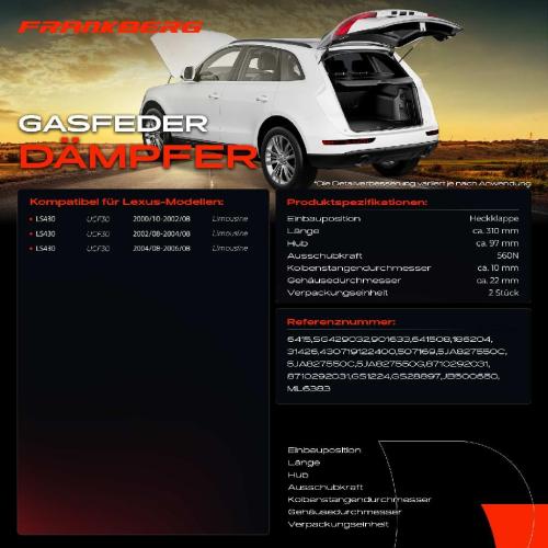 2x Gasfeder Dämpfer Heckklappe Lexus LS430 Limousine 2000-2006 Bild 2x Gasfeder Dämpfer Heckklappe Lexus LS430 Limousine 2000-2006
