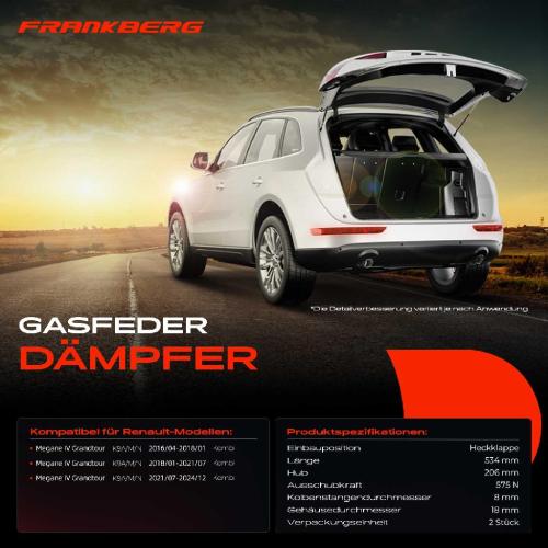Frankberg 2x Gasfeder Dämpfer Heckklappe Renault Megane IV Grandtour K9A/M/N Kombi Bj ab 2016 Bild Frankberg 2x Gasfeder Dämpfer Heckklappe Renault Megane IV Grandtour K9A/M/N Kombi Bj ab 2016